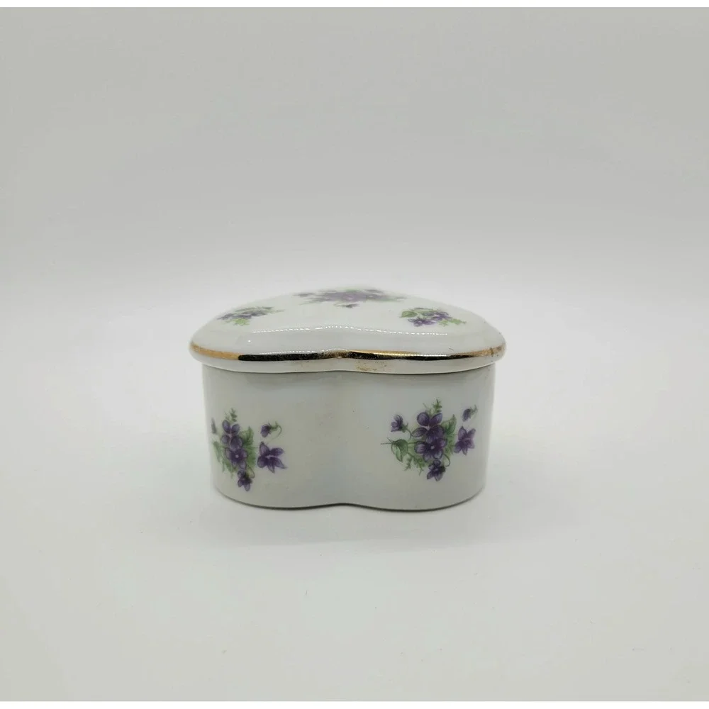Lefton China Heart Trinket Box Purple‎ Violets Gold Trim Vintage 1946 Japan